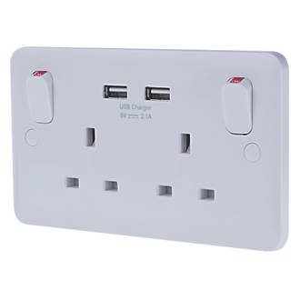 Image of Schneider Electric Lisse 2.1A 2-Gang SP Switched Socket + 2.1A 2-Outlet Type A USB Charger White 