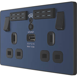 Image of British General Evolve 13A 2-Gang SP Switched Double Socket With WiFi Extender + 2.1A 1-Outlet Type A USB Charger Blue with Black Inserts 