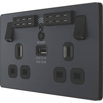 Image of British General Evolve 13A 2-Gang SP Switched Double Socket With WiFi Extender + 2.1A 1-Outlet Type A USB Charger Grey with Black Inserts 