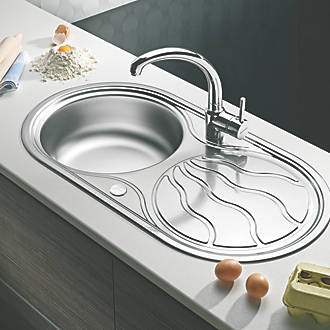 Image of Swirl Twig Round 1 Bowl Stainless Steel Reversible Inset Sink & Drainer Grey 850mm x 450mm 