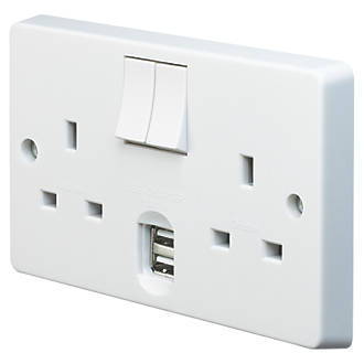 Image of Crabtree Capital 13A 2-Gang DP Switched Socket + 2.1A 2-Outlet Type A USB Charger White 