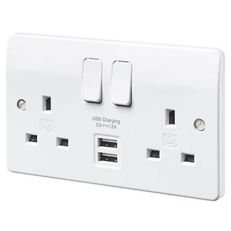 Image of MK Logic Plus 13A 2-Gang DP Switched Socket + 2A 2-Outlet Type A USB Charger White 
