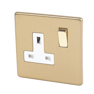Image of Varilight 13AX 1-Gang DP Switched Plug Socket Brushed Brass with White Inserts 
