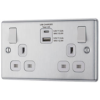 Image of LAP 13A 2-Gang SP Switched Socket + 4.2A 2-Outlet Type A & C USB Charger Brushed Stainless Steel with White Inserts 