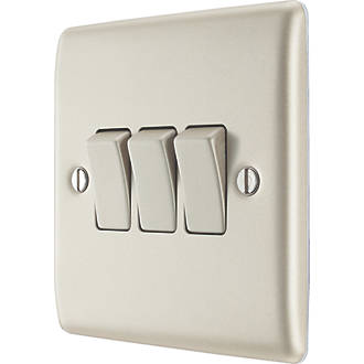 Image of British General Nexus Metal 20A 16AX 3-Gang 2-Way Light Switch Pearl Nickel with Colour-Matched Inserts 