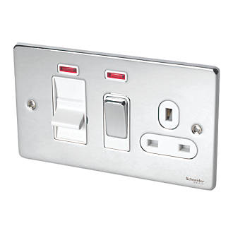Image of Schneider Electric Ultimate Low Profile 45A 2-Gang DP Cooker Switch & 13A DP Switched Socket Polished Chrome with Neon with White Inserts 