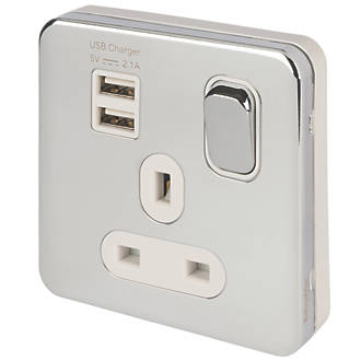 Image of Schneider Electric Lisse Deco 13A 1-Gang SP Switched Socket + 2.1A 2-Outlet Type A USB Charger Polished Chrome with White Inserts 