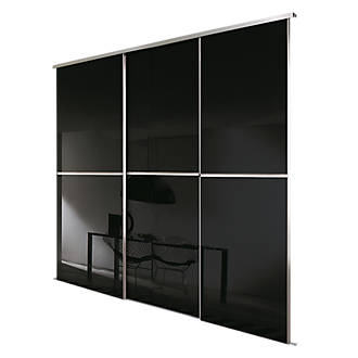 Image of Spacepro Minimalist 3-Door Sliding Wardrobe Door Kit Silver Frame Black Glass Panel 2718mm x 2260mm 