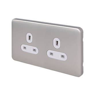Image of Schneider Electric Lisse Deco 13A 2-Gang Unswitched Plug Socket Brushed Stainless Steel with White Inserts 