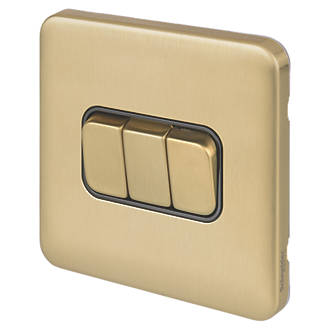 Image of Schneider Electric Lisse Deco 10AX 3-Gang 2-Way Light Switch Satin Brass with Black Inserts 