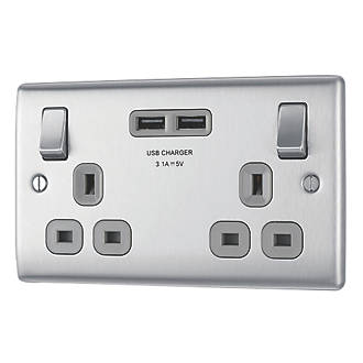 Image of British General Nexus Metal 13A 2-Gang SP Switched Socket + 3.1A 2-Outlet Type A USB Charger Brushed Steel with Graphite Inserts 