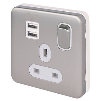 Image of Schneider Electric Lisse Deco 13A 1-Gang SP Switched Socket + 2.1A 2-Outlet Type A USB Charger Brushed Stainless Steel with White Inserts 