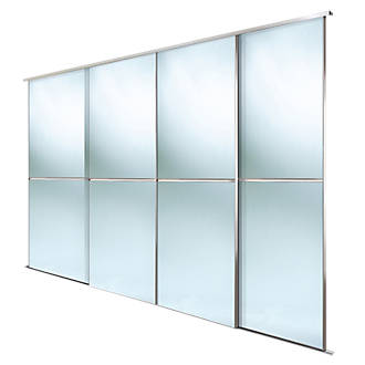 Image of Spacepro Minimalist 4-Door Sliding Wardrobe Door Kit Silver Frame Mirror Panel 2416mm x 2260mm 