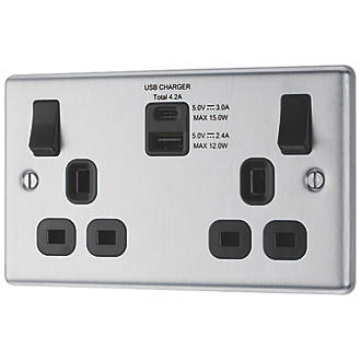 Image of LAP 13A 2-Gang SP Switched Socket + 4.2A 2-Outlet Type A & C USB Charger Brushed Stainless Steel with Black Inserts 