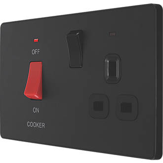 Image of British General Evolve 45A 2-Gang 2-Pole Cooker Switch & 13A DP Switched Socket Matt Black with LED with Black Inserts 