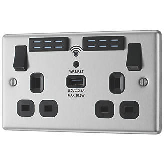 Image of LAP 13A 2-Gang SP Switched Wi-Fi Extender + 2.1A 1-Outlet Type A USB Charger Brushed Steel with Black Inserts 