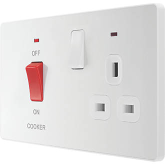 Image of British General Evolve 45A 2-Gang 2-Pole Cooker Switch & 13A DP Switched Socket Pearlescent White with LED with White Inserts 