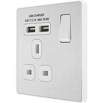 Image of British General Evolve 13A 1-Gang SP Switched Socket + 2.1A 2-Outlet Type A USB Charger Brushed Steel with White Inserts 