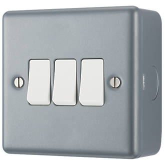 Image of British General 10AX 3-Gang 2-Way Metal Clad Triple Light Switch with White Inserts 