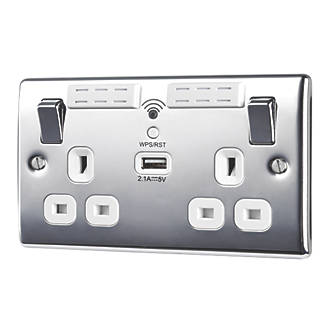Image of British General Nexus Metal 13A 2-Gang SP Switched Wi-Fi Extender Socket + 2.1A 1-Outlet Type A USB Charger Polished Chrome with White Inserts 