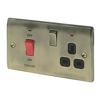 Image of British General Nexus Metal 45A 2-Gang DP Cooker Switch & 13A DP Switched Socket Antique Brass with LED with Black Inserts 