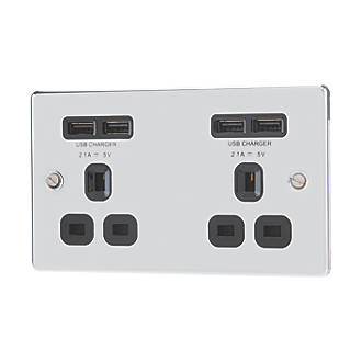 Image of LAP 13A 2-Gang Unswitched Socket + 4.2A 4-Outlet Type A USB Charger Polished Chrome with Black Inserts 