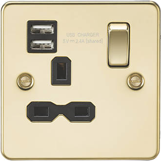 Image of Knightsbridge 13A 1-Gang SP Switched Socket + 2.4A 2-Outlet Type A USB Charger Polished Brass with Black Inserts 