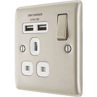Image of British General Nexus Metal 13A 1-Gang SP Switched Socket + 2.1A 2-Outlet Type A USB Charger Pearl Nickel with White Inserts 