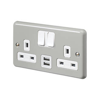Image of MK Contoura 13A 2-Gang DP Switched Socket + 2A 2-Outlet Type A USB Charger Grey with White Inserts 