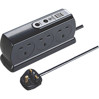 Image of Masterplug 13A 6-Gang Switched Surge-Protected Extension Lead + 3.1A 2-Outlet Type A USB Charger Gloss Black 2m 