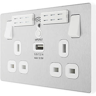 Image of British General Evolve 13A 2-Gang SP Switched Double Socket With WiFi Extender + 2.1A 1-Outlet Type A USB Charger Brushed Steel with White Inserts 