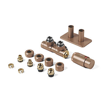 Image of Terma Twins All-in-One Integrated Copper Angled Thermostatic TRV, Lockshield & Pipe Masking Set R/S 1/2" x 15mm 