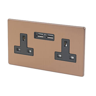 Image of Varilight 13AX 2-Gang Unswitched Socket + 2.1A 2-Outlet Type A USB Charger Brushed Bronze with Black Inserts 