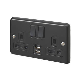 Image of MK Contoura 13A 2-Gang DP Switched Socket + 2A 2-Outlet Type A USB Charger Black with Colour-Matched Inserts 