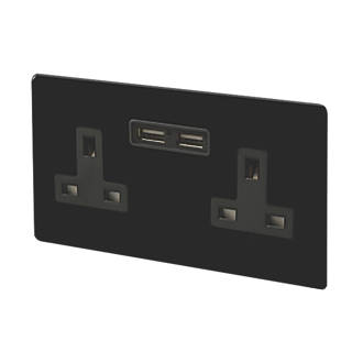 Image of Varilight 13AX 2-Gang Unswitched Socket + 2.1A 2-Outlet Type A USB Charger Jet Black with Black Inserts 