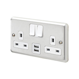 Image of MK Contoura 13A 2-Gang DP Switched Socket + 2A 2-Outlet Type A USB Charger Brushed Stainless Steel with White Inserts 