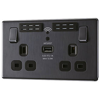 Image of LAP 13A 2-Gang SP Switched Wi-Fi Extender Socket + 2.1A 1-Outlet Type A USB Charger Slate-Effect with Black Inserts 