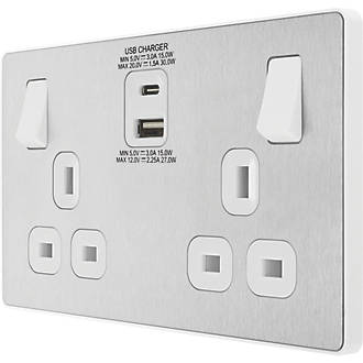 Image of British General Evolve 13A 2-Gang SP Switched Socket + 3A 2-Outlet Type A & C USB Charger Brushed Steel with White Inserts 