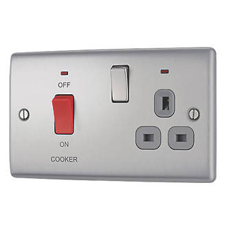 Image of British General Nexus Metal 45A 2-Gang DP Cooker Switch & 13A DP Switched Socket Brushed Steel with LED with Graphite Inserts 