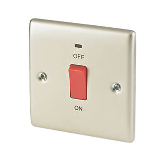 Image of British General Nexus Metal 45A 1-Gang 2-Pole Cooker Switch Pearl Nickel with LED with Red Inserts 