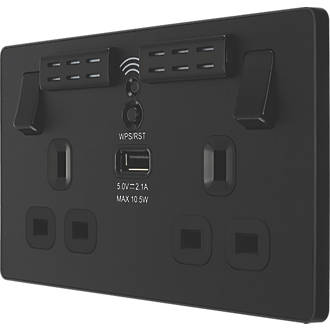 Image of British General Evolve 13A 2-Gang SP Switched Double Socket With WiFi Extender + 2.1A 1-Outlet Type A USB Charger Matt Black with Black Inserts 