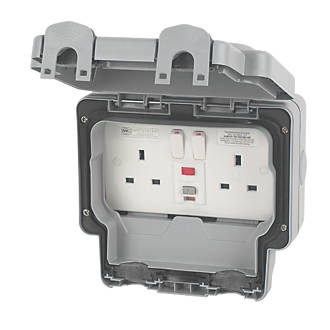 Image of MK Masterseal Plus IP66 13A 2-Gang DP Weatherproof Outdoor Switched Passive RCD Socket 