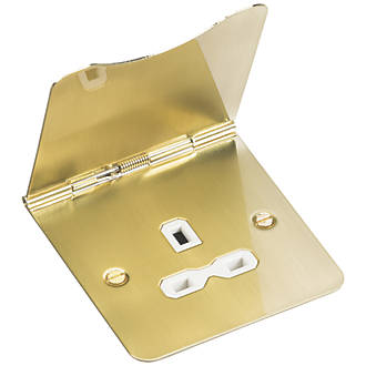 Image of Knightsbridge FPR7UBBW 13A 1-Gang Unswitched Floor Socket Brushed Brass with White Inserts 