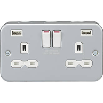 Image of Knightsbridge 13A 2-Gang SP Switched Metal Clad Socket + 2.4A 2-Outlet Type A USB Charger with White Inserts 
