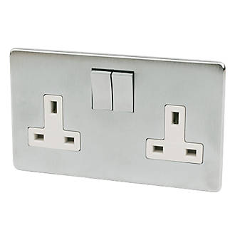 Image of Crabtree Platinum 13A 2-Gang DP Switched Plug Socket Satin Chrome with White Inserts 