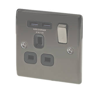 Image of British General Nexus Metal 13A 1-Gang SP Switched Socket + 2.1A 2-Outlet Type A USB Charger Black Nickel with Black Inserts 