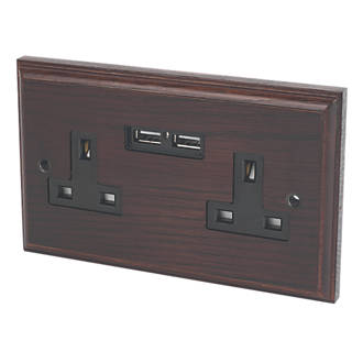 Image of Varilight 13AX 2-Gang Unswitched Socket + 2.1A 2-Outlet Type A USB Charger Dark Oak with Black Inserts 