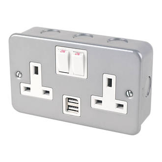 Image of 13A 2-Gang DP Switched Metal Clad Socket + 2.1A 2-Outlet Type A USB Charger with White Inserts 