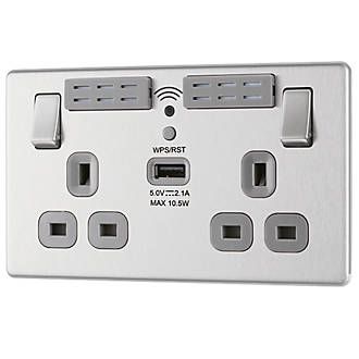 Image of LAP 13A 2-Gang SP Switched Wi-Fi Extender Socket + 2.1A 1-Outlet Type A USB Charger Brushed Stainless Steel with Graphite Inserts 