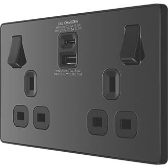 Image of British General Evolve 13A 2-Gang SP Switched Socket + 3A 2-Outlet Type A & C USB Charger Black with Black Inserts 